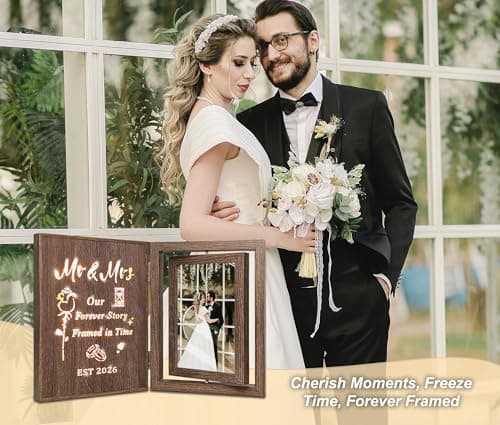 Bridal Shower Gifts for Bride Groom, Wood Wedding Photo Frames 4x6 for 2 Pictures EYITUPC Rotating Light Up Mr Mrs 2026 Wood Frame Bridal Shower Wedding Gift B0G1Y2DY35