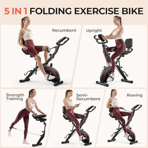 Pleny Folding Exercise Bike, 5 IN 1 Stationary Bikes for Home 6.6 LBS Flywheel, 330LB Weight Capacity Back Support Cushion Indoor Workout Cycling Bike for Home Gym