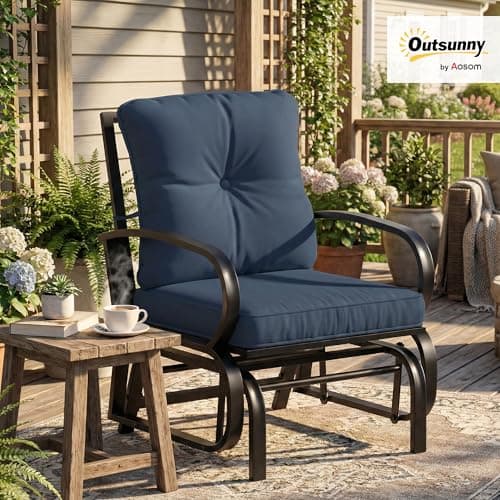 Outsunny Patio Glider, Outdoor Glider Chair with Cushions, Steel Frame, Curved Armrests, Single Gliding Chair for Yard, Porch, Garden, Poolside, Dark Blue
