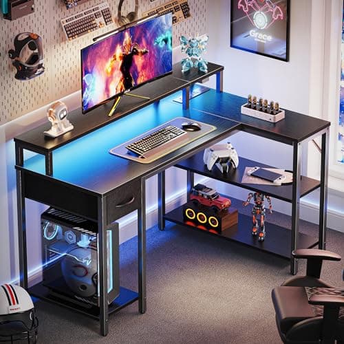 SUPERJARE 47 inch L Shaped Gaming Desk with LED Lights & Power Outlets, Reversible Computer Desk with Shelves & Monitor Stand, Corner Desk with Drawer, for Home & Office, Black