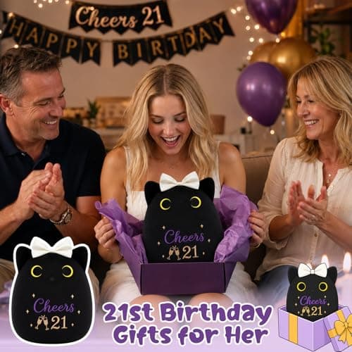8inch Cat Stuffed Anmals with Cheers 21, Soft Plush Cute 21 Year Old Birthday Gifts for Girls Women 21st Birthday Black Cat Plush, 21st Birthday Gifts for Girls Her B0H2GV3YWL