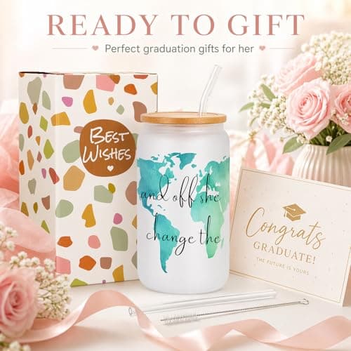 Frerdui Graduation Gift for Her – And Off She Went to Change the World 16oz Glass Cup, Cute Grad Gift for College High School Graduate, Grad Gift for Daughter Niece Granddaughter Friend B0GTY7QRB9