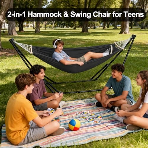 2-in-1 Hammock & Swing Chair for Teens – Adjustable Folding Chair with Collapsible Steel Stand, Portable for Camping, Travel, Patio & Indoor Use, Includes Carrying Case, Supports 440 LBS