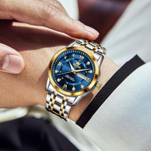 OLEVS Men's Stainless Steel Watch, Large Face Roman Numerals Diamond Accented Three-Hand Analog Quartz Watches for Men, Easy to Read Day Date Waterproof Luminous Mens Wristwatch