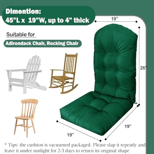 Adirondack Chair Cushions Set of 2, Waterproof Outdoor Seat Cushions for Patio Furniture, Thick Outdoor High Back Replacement Pads for Porch Lawn Wicker Chair, Rocking Chair Cushion, Emerald Green