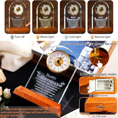 with Wooden LED Light Base, Happy Birthday Keepsake, for Woman Man Her Him Mom Dad Friend, Home Decor Ornalrist Happy Birthday Gifts for Men Women Glass Quartz Clock Keepsake B0GR57JH79