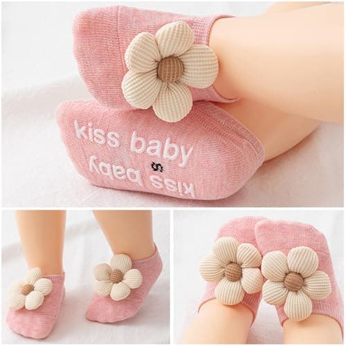 4Packs Baby Girls Socks,Flower Non-Slip Grips for Babies Toddler Princess Low Cut Ankle Socks for Girls