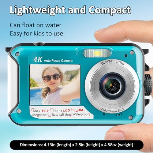 4K Underwater Camera 16FT Waterproof Camera with 32GB Card 64MP Autofocus Dual-Screen Selfie Underwater Camera for Snorkeling Waterproof Compact Floatable Digital Camera 1250mAh Battery Type-C (Blue)