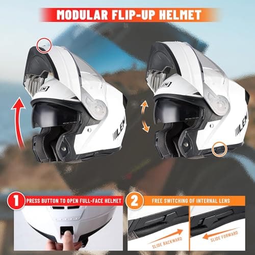 LEM Modular Motorcycle Helmets Fiberglass, Full Face Motorcycle Helmet Flip Up for Touring, DOT Certified, Release Sun Visor & Removable Comfort Liner, Lightweight Street Bike Helmet (White, M)