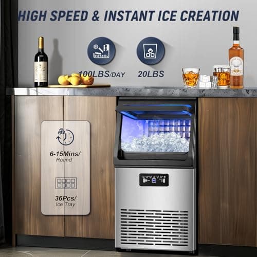 SOZT® Under Counter Ice Maker Machine, 100LBS/24H Stainless Steel Commercial Ice Machine, 20LBS Storage Capacity, Self-Cleaning Freestanding Ice Cube Maker for Home, Bar, Restaurant, Office
