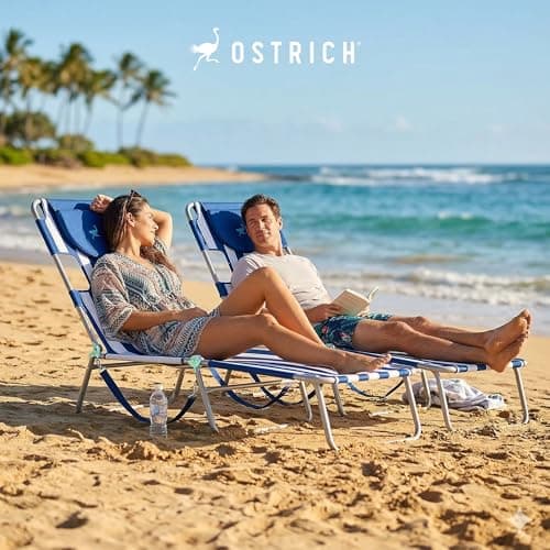 Ostrich The Original Chaise Lounge Portable Reclining Beach Chair, Blue Stripe - Bundled with Custom Fitted Towel Cover, White