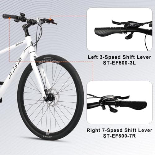 AVASTA Jupiter 700C Road Adult Step-Over Hybrid Cycling Bike Bicycle, Aluminum Frame, 21-Speed, Dual Disc Brakes, Multpile Colors for Men Woman Male Female