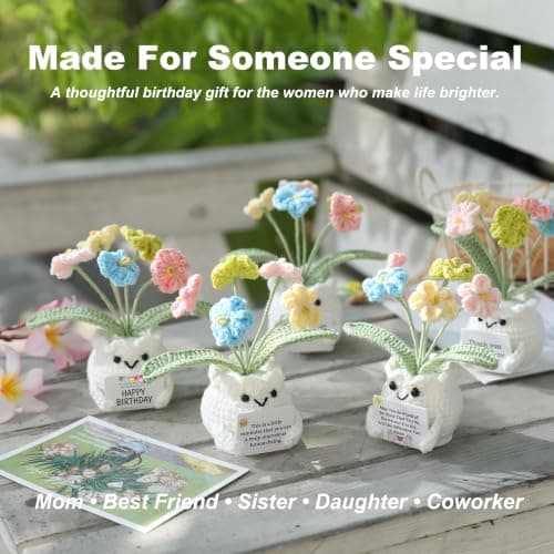 Happy Birthday Message Card, Cute Colorful Handmade Keepsake, Gift for Her, Mom, Best Friend, Sister, Coworker, 4.7 × 2.4 In Crochet Forget Me Not Flower Pot Birthday Gifts for Women B0GXV6J1ZG