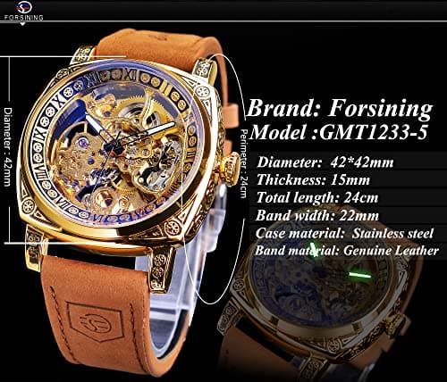 FORSINING Watches for Man, Square Retro Mechanical Watch Self-Wind Carved, Skeleton Automatic Watches Vintage Leather Strap Wristwatch