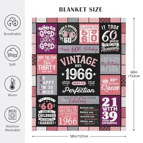 60th Birthday Gifts for Women Throw Blanket 60"x50", Best Gifts for 60 Year Old Woman, 60th Birthday Gift Ideas, 1966 Birthday Gift for Women, 60 Year Old Party Favors/Decorations for Woman B0CQR5HB89
