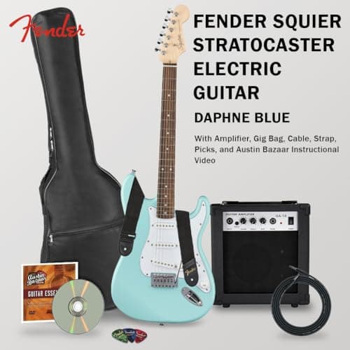 Fender Squier Stratocaster Electric Guitar - Daphne Blue Bundle with Amplifier, Gig Bag, Cable, Strap, Picks, and Austin Bazaar Instructional Video