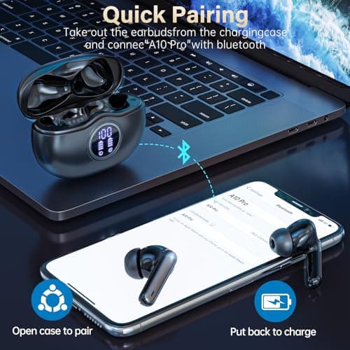 Fhumsh A10 Pro Wireless Earbuds, Bluetooth 5.3 Headphones HiFi Stereo 50H Playback LED Digital Display Ear Buds with ENC Noise Canceling Headset, IPX7 Waterproof Earphones for Gym/Running/Work, Black