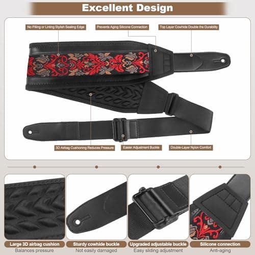 Guitar Strap and Bass Strap, Embroidered Guitar Strap, Adjustable Strap Length, Equipped with 3D Sponge Filled Foam Pad, Comes with 4 Picks + 2 Strap Locks, Best Gift for Guitar Players, Vintage Red
