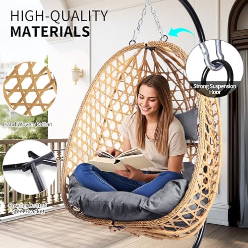 LEX CRAFT Egg Chair with Stand, Patio Wicker Hanging Chair, Hammock Swing Chair, 350LBS Capacity for Bedroom, Balcony, Garden (YE-GR)