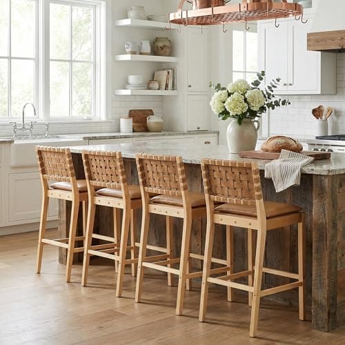 Merax Rattan Counter Height Bar Stools with PU Cushion Set of 4, 29" Seat Height Counter Chairs with Solid Wood Frame & Rattan Backrest, Boho Style Barstools for Kitchen Island, Brown