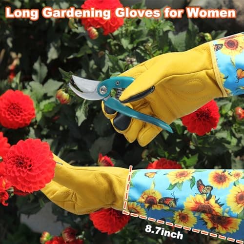 DLY Gardening Gloves for Women, Rose Gloves Gardening Thorn Proof, Long Garden Gloves for Women, Breathable Cowhide Leather Gauntlet (Medium, Blue)