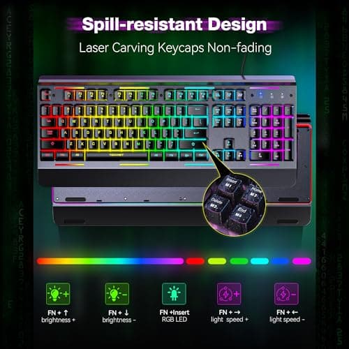 TECKNET Gaming Keyboard, USB Wired Computer Keyboard, 15-Zone RGB Illumination, IP32 Water Resistance, 25 Anti-ghosting Keys, All-Metal Panel (Whisper Quiet Gaming Switch)