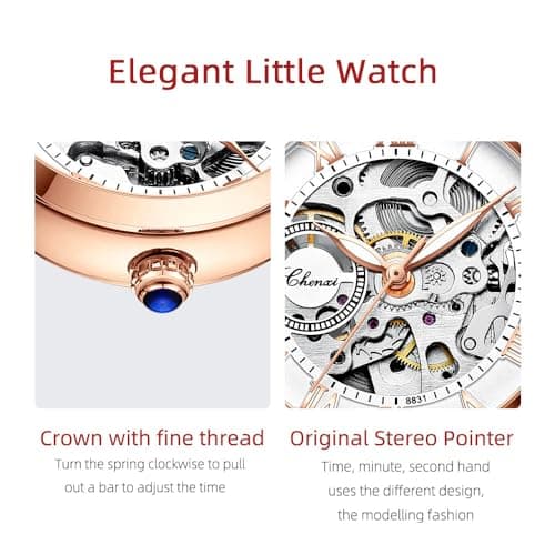 MASTOP Women's Sapphire Watches Automatic Steampunk Self Winding Mechanical Gold Bracelet Ladies Skeleton Wrist Watch Leather Strap for Ladies Famale