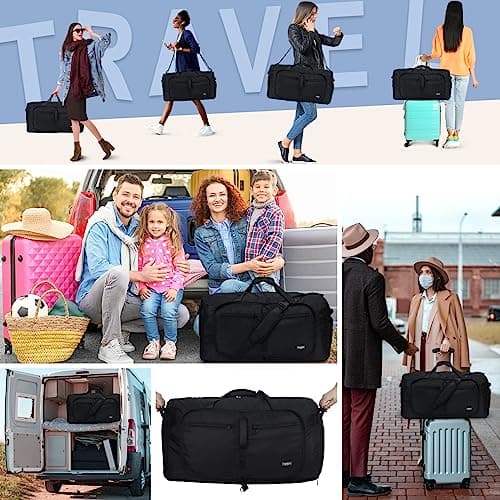 Fmeida 65L Duffle Bag with Shoes Compartment, Foldable Travel Duffel Bags for Men Women, Large Packable Travel Bag Water Repellent & Tear Resistant (Black)