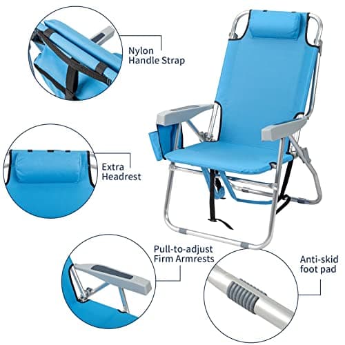 Outvita Backpack Beach Chair, 5 Level Adjustable Positions Beach Chair with Back Storage Bag, Cooler Pouch and Side Bags for Beach Poolside Lawn