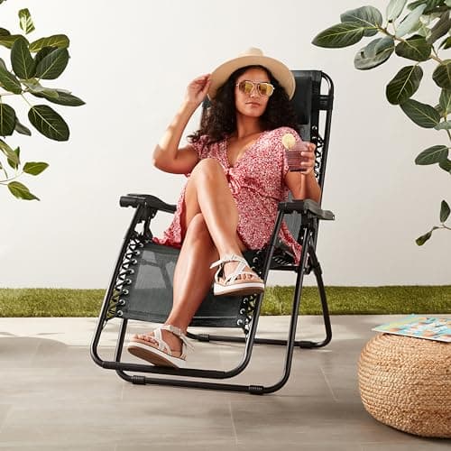 Amazon Basics Outdoor Patio Zero Gravity Portable Folding Reclining Lounge Chair with Padded Headrest Pillow, Weather Resistant Textilene, 26", Black