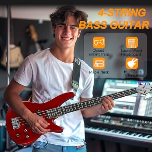 Ktaxon Electric Bass Guitar 4 String Bass Guitar with 20 Watt Amplifier, PJ Type Pickup, Naturally air-dried Maple Neck, Rosewood Fretboard, Basswood Body(Red)