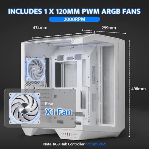 darkFlash Full-Tower ATX Gaming PC Case, Back Plug-in Motherboard, Vertical GPU Mounting, Dual-Chamber, Panoramic Glass, Up to 2 x 360mm Radiators, RTX 40 Compatible(DY470) (1 PWM ARGB Fans, White)