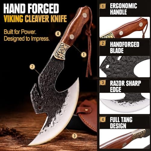 High carbon steel kitchen axe for meat cutting. Ideal for outdoor BBQ & camping. Premium birthday gift box for men & dad Topfeel Hand Forged Meat Cleaver,6.2" Viking Knife with Sheath gift for men B0FVSNSCRK