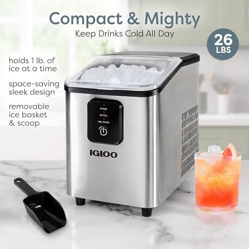 Igloo Portable Ice Maker with Scoop - Countertop Ice Maker with LED Control Panel & 1.5 Quart Water Tank - Ice Cube Maker Produces 26 Lbs. of Ice in 24 Hours with 9 Large or Small Cubes in 7 Minutes