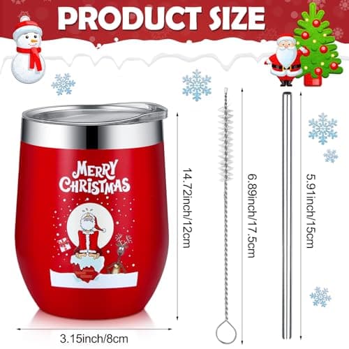 Layhit 7 Set Christmas Gifts Wine Tumbler with Lid Straw and Brush 12oz Insulated Stainless Steel Wine Cup Holiday Thank You Gift for Employee Coworker Operation Christmas(Classic Style)