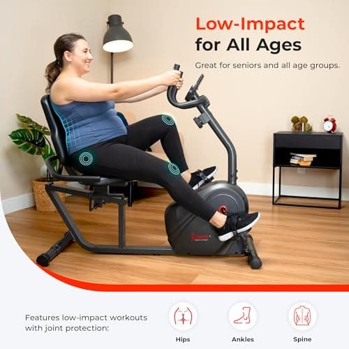 Sunny Health & Fitness Smart Heavy-Duty Recumbent Bike w/Wide Cushioned Seat & Back, Indoor Cycling Machine for Adult/Seniors Home Exercise, Free SunnyFit App Connect, Optional Workout Training Bands