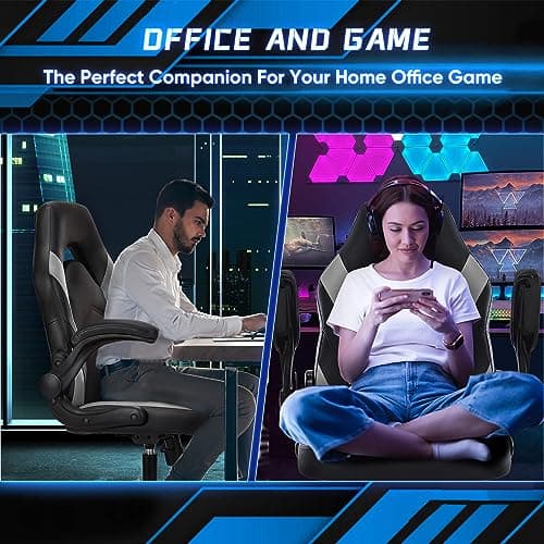 OLIXIS Big and Tall Office Desk Leather Gaming Computer Chair with Adjustable Swivel Task and Flip-up Arms for Adults, Teens, Black and Grey