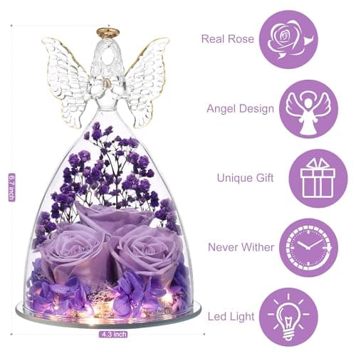 Mothers Day Mom Gifts for Women Preserved Flowers in Glass Angel Forever Flowers Gifts Eternal Roses Gifts for Grandma, Light Purple