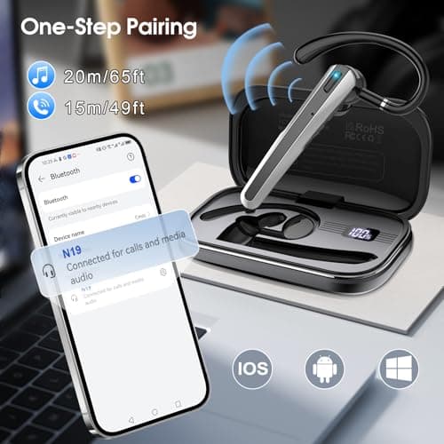 Atheewon Bluetooth Headset V5.3, Wireless Headset with ENC Noise Canceling Mic, 120Hrs Talk Single-Ear Bluetooth Earpiece, LED Display, IP7 Waterproof Hand-Free Earphone for Business/Trucker/Driver