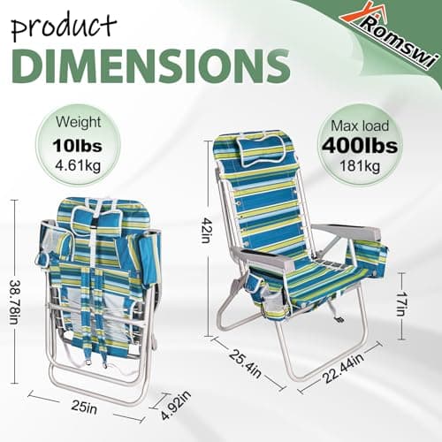 Romswi Tall Beach Chair Extra Wide for Adults, 17" High Seat Backpack Beach Chair with Cooler Bag, Cup & Phone Holder, 5-Position High Back Reclining Chair with Towel Bar & Zipper Pocket, Blue Stripes