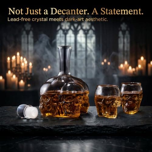 Spooky Skeleton Glass Decanter, Dark Academia Home Bar Decor & Man Cave, Cool Halloween Gifts for Men & Whisky Lovers Gothic Skull Whiskey Decanter Set, 34 oz, with 2 Rocks Glasses B0HC61CTR3