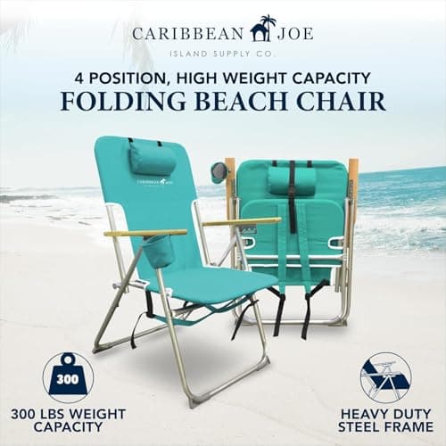 CARIBBEAN JOE Folding Beach Chair, 4 Position Portable Backpack Foldable Camping Chair with Headrest, Cup Holder, and Wooden Armrests