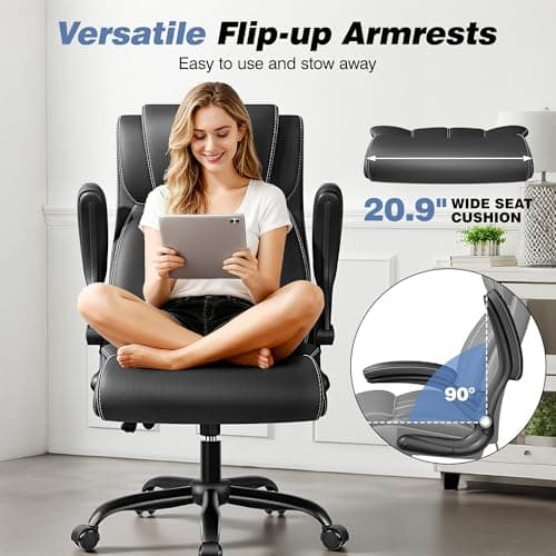 BESTFAIR Ergonomic Office Chair - Desk Computer Chair, Leather High Back Executive Chairs with Adjustable Lumbar Support & Flip Up Arms, Rocking, Black