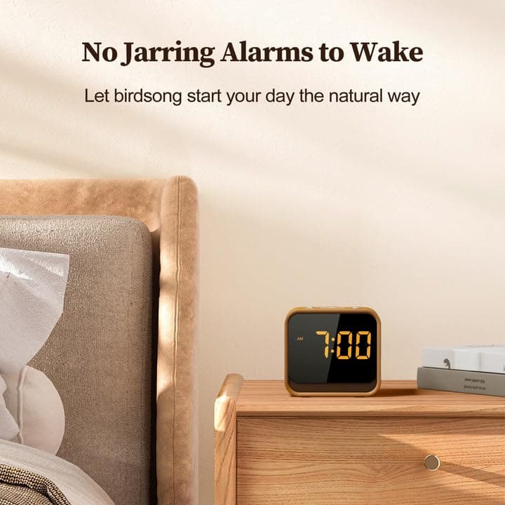 Housbay Wooden Sound Machine Alarm Clock for Bedrooms - Gentle Wake-Up with Birdsong, White Noise for Sleeping, Small Digital Clock for Phone-Free Routine