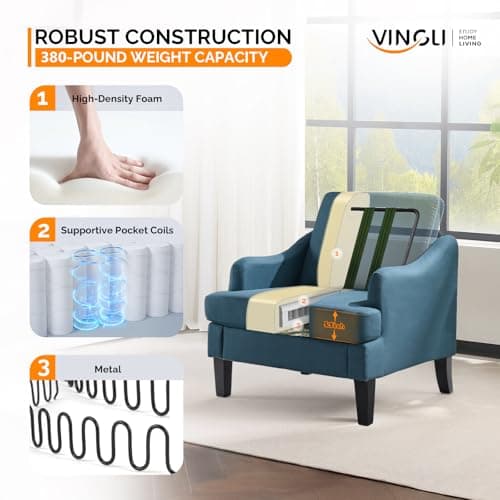 VINGLI Linen Fabric Accent Chair Navy Blue, Modern Upholstered Armchair, Comfy Sofa Chair Living Room Bedroom Furniture for Apartment