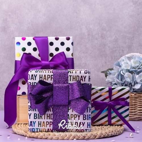 Ribbli Birthday Wrapping Paper Iridescent Gift Wrapping Paper Mini Roll, 3 Rolls Happy Birthday Polka Dots Stripes Printed Assortment - 17 inch x 120 inch(10feet) Per Roll B0CBRVLFSY