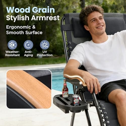 PHI VILLA XXL Oversized Padded Zero Gravity Chair, Foldable Patio Recliner, 30" Wide Seat Anti Gravity Lounger with Cup Holder, Support 400 LBS (Light Gray)