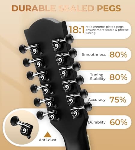 Vangoa 12 String Guitar Acoustic Electric, Upgraded Guitar 12 Strings Bundle for Beginner Intermediate Adults Teens, Guitarra de 12 Cuerdas, Spruce Top Bone Nut, Black, Matte