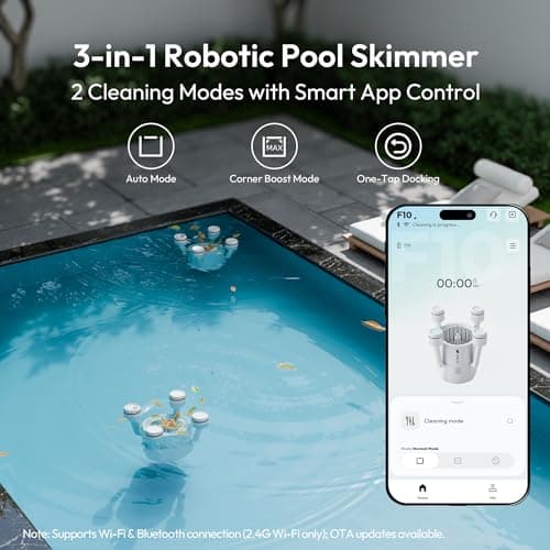 (2026 Upgrade) BUBLUE F10 Pool Surface Skimmer Robot,Robotic Pool Skimmer with App Control,Powerful Suction,5L Filter,Dual Cleaning Modes, AI Navigation,Ideal for In-Ground & Above-Ground Pools,White
