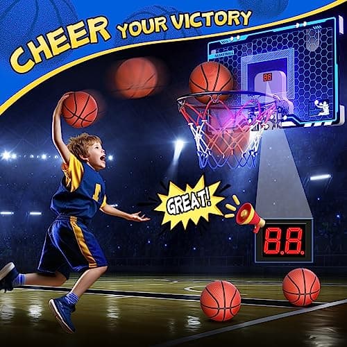 HopeRock Indoor Mini Basketball Hoop for Kids, Basketball Hoops Over The Door with LED Lighting, Mini Hoop with Scoreboard & 3 Balls, Basketball Toys Gifts for 5 6 7 8 9 10 11 12 Year Old Boys Girls